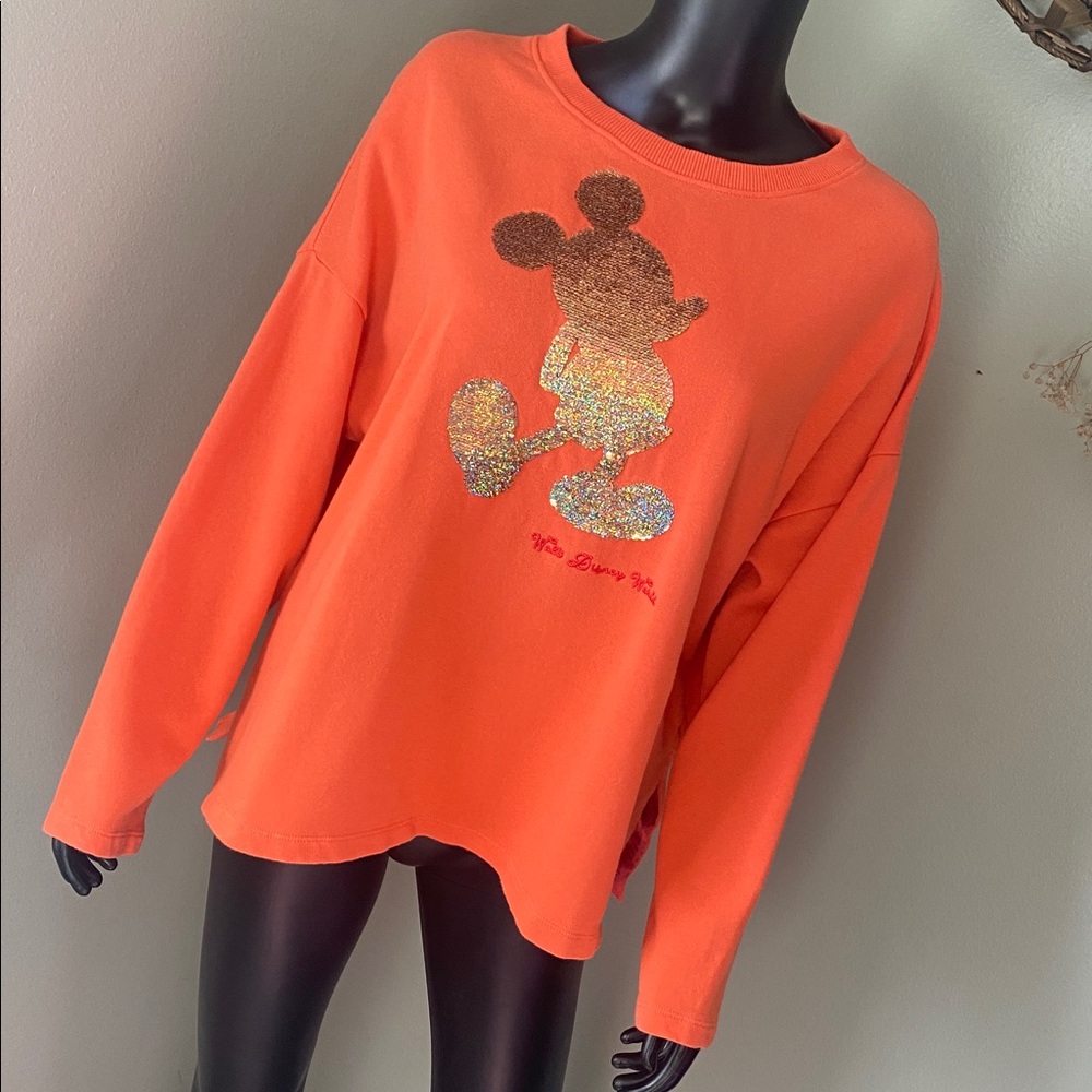 Disney Orange Sweatshirt with Glitter Sparkly Mickey Mouse Design